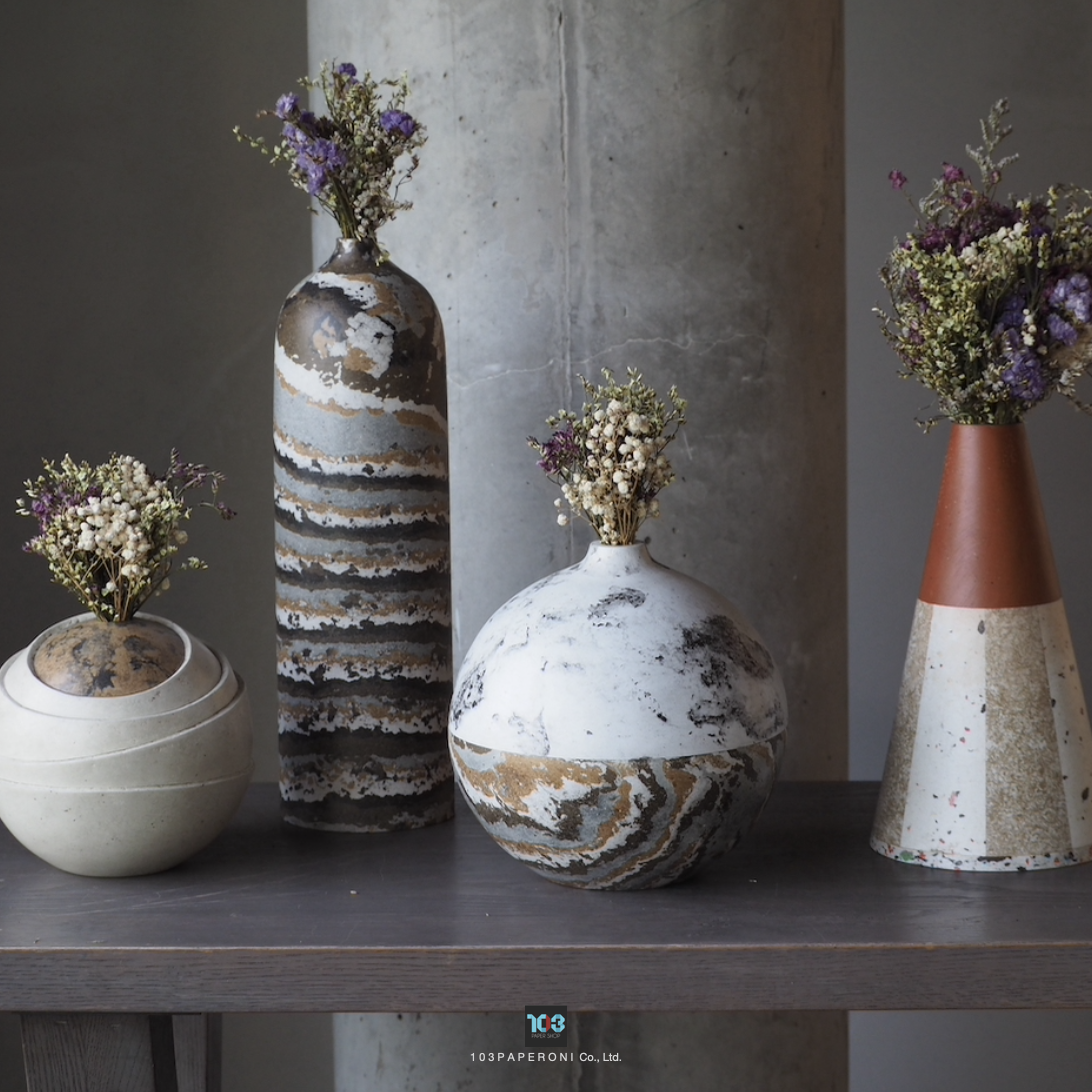 RE.06 - RE.09 , RE.34 - RE.35  :  PAPER SCULPTURE AND PAPER VASE  -  Our designs give new life to recycled paper and other natural materials,  Handmade sculptures , Which is created piece by piece.