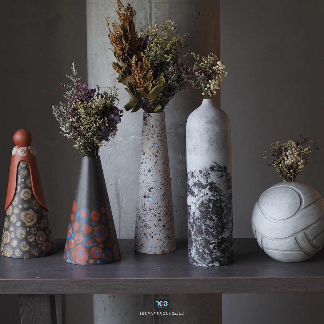 RE.10 - RE.14  :  PAPER SCULPTURE AND PAPER VASE  -  Our designs give new life to recycled paper and other natural materials,  Handmade sculptures , Which is created piece by piece.