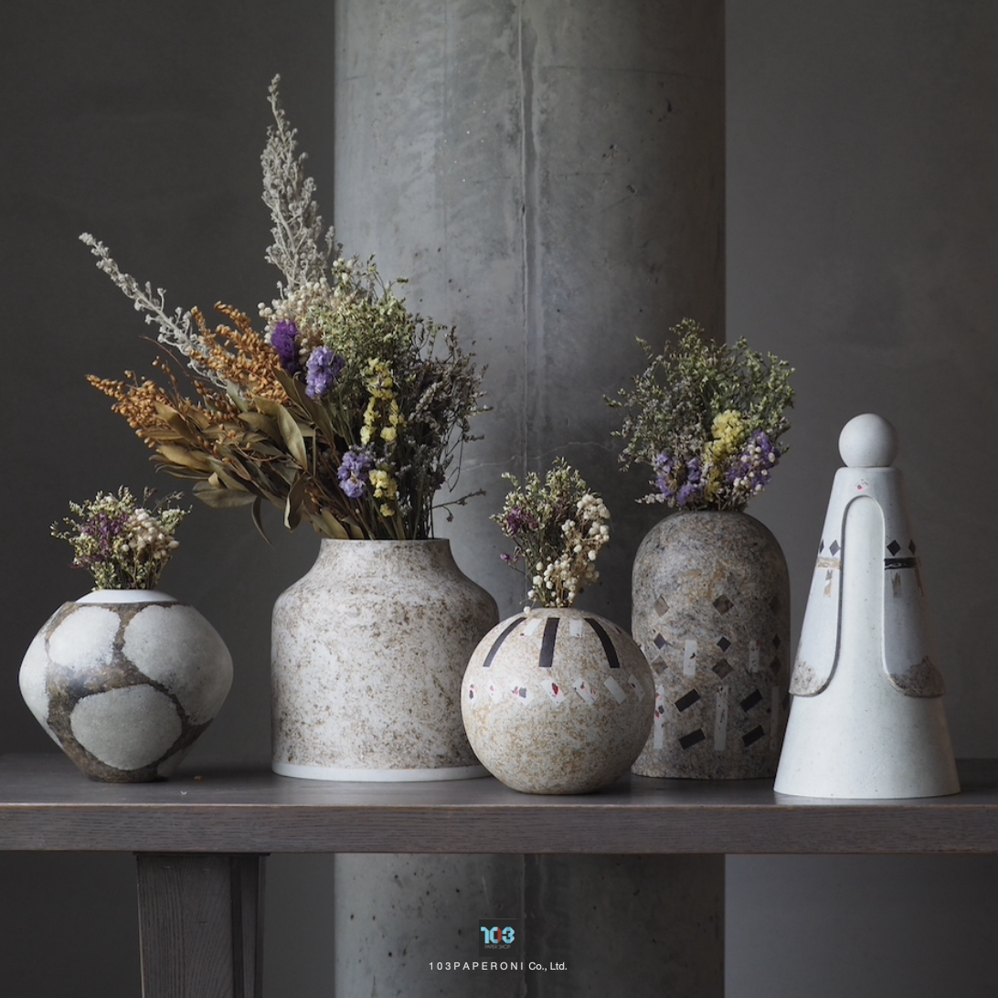 RE.29 - RE.33  :  PAPER SCULPTURE AND PAPER VASE  -  Our designs give new life to recycled paper and other natural materials,  Handmade sculptures , Which is created piece by piece.