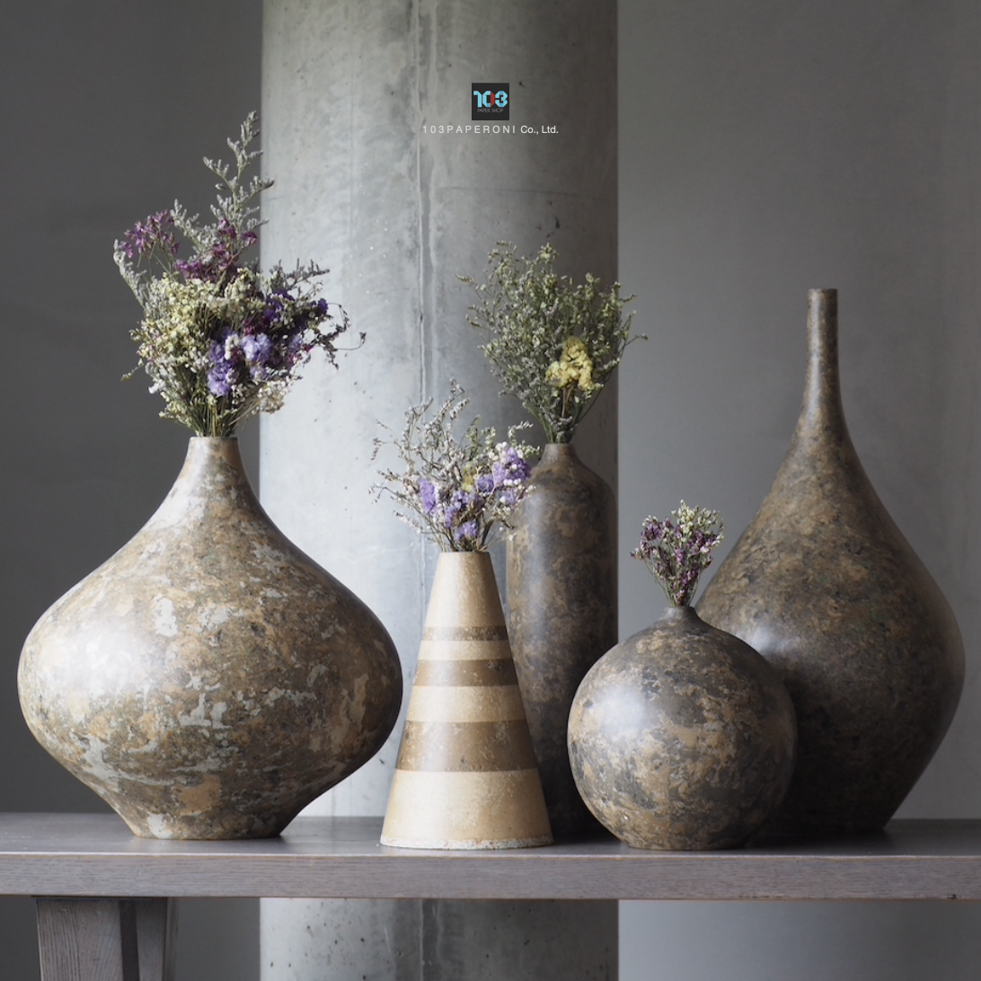 RE.80 - RE.84  :  PAPER VASE  -  Our designs give new life to recycled paper and other natural materials,  Handmade sculptures , Which is created piece by piece.