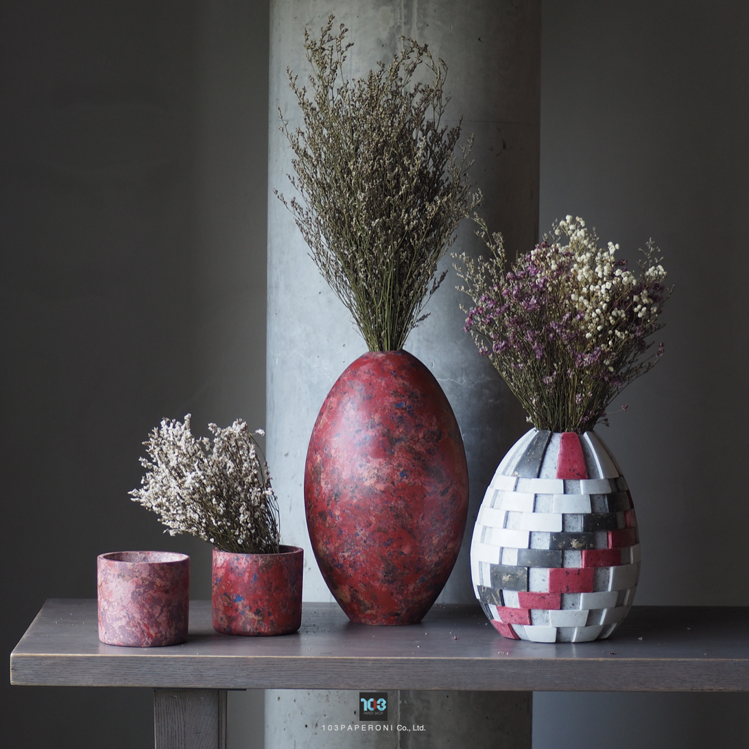 RE.102 - RE.105  :  PAPER VASE  -  Our designs give new life to recycled paper and other natural materials,  Handmade sculptures , Which is created piece by piece.